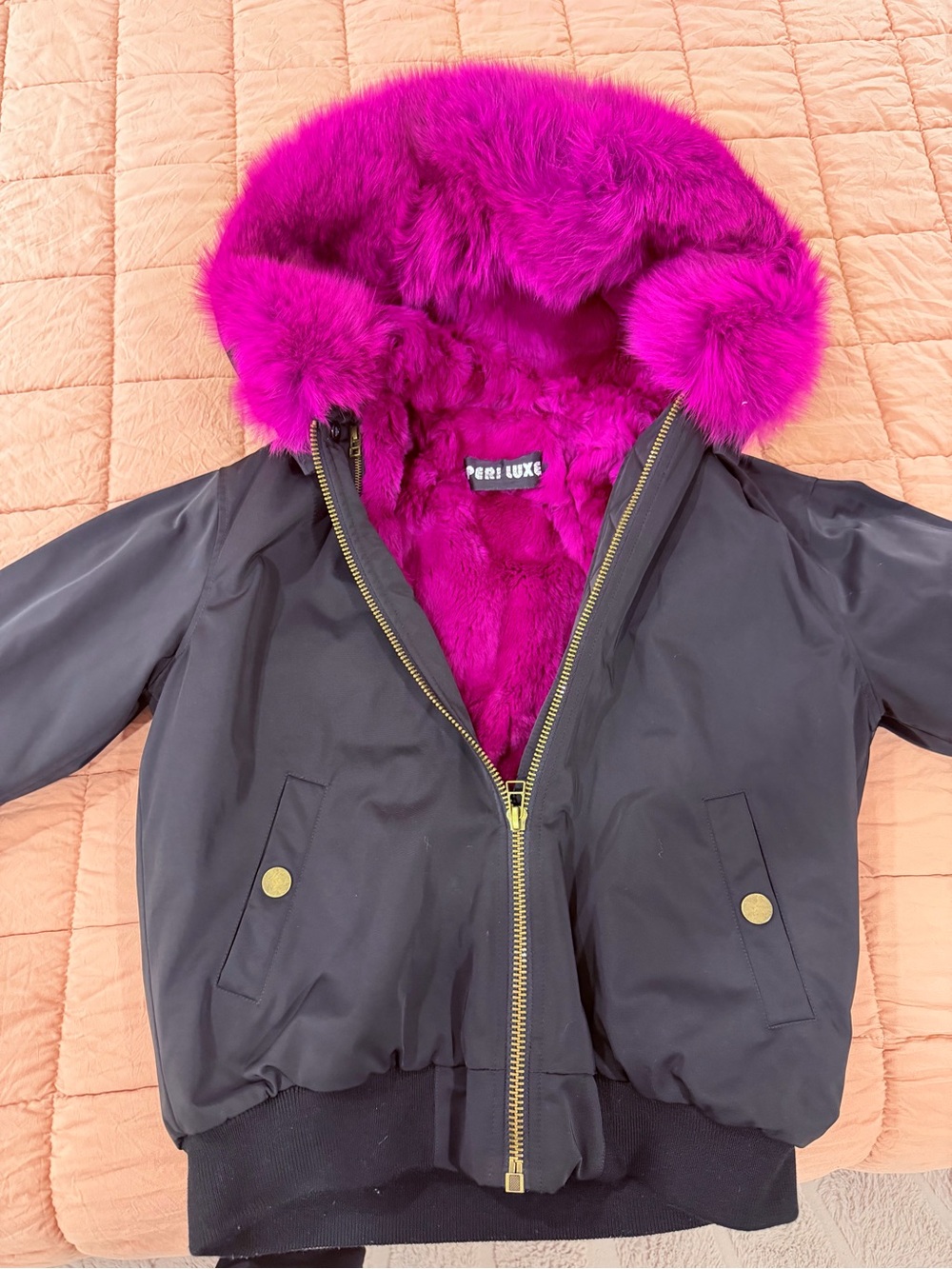 Black Bomber Jacket with Bright Fuchsia Real Fur